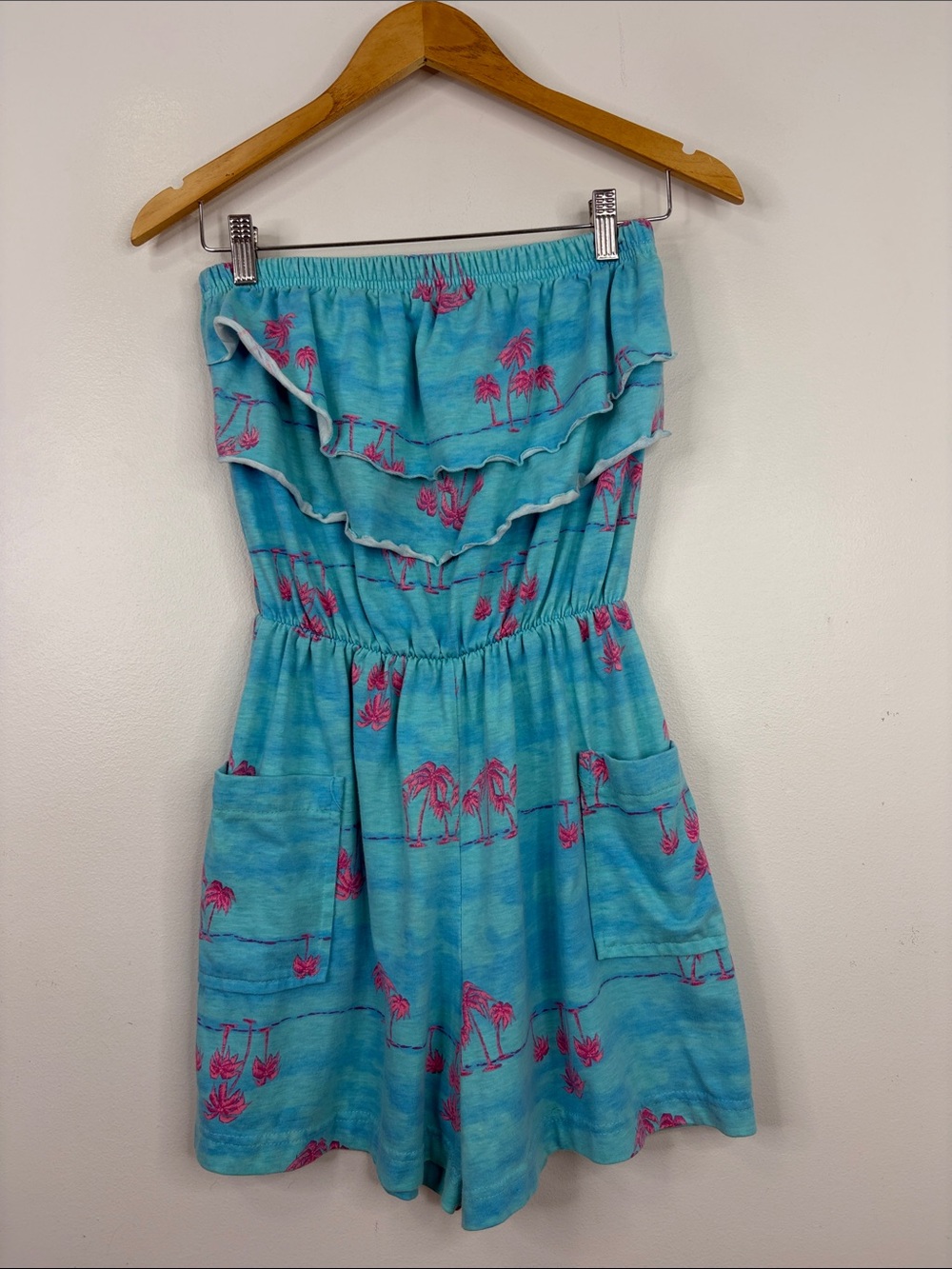 Vintage Romper Womens Medium Blue Pink Palm Tree Play Suit Sun Suit Retro 80s